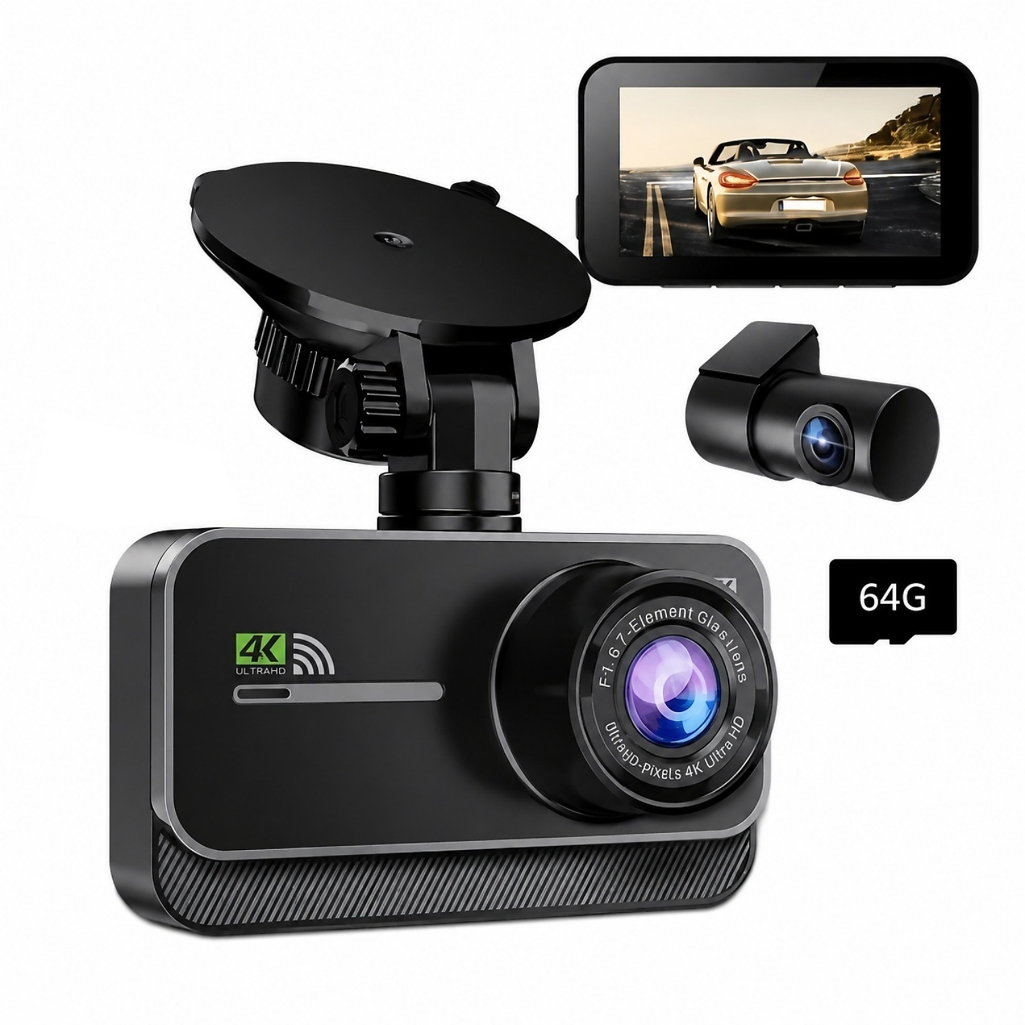 BlackTeck Dual Dash Cam, 4K Front/1080P Rear Recording, WiFi, Night Vision, 24-Hour Parking Monitor, Mobile App Control, Model# N2-G900